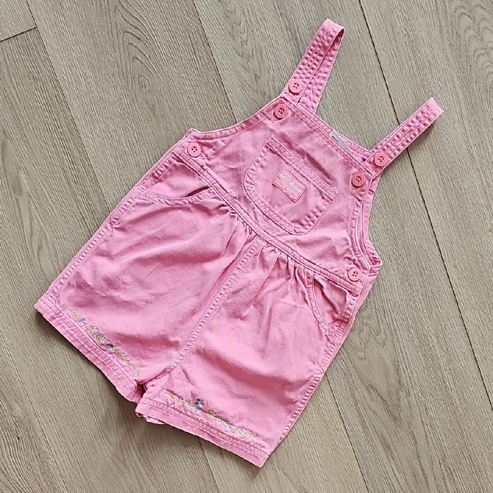 Vintage OshKosh Pink Tab Short Overalls, Pink with Floral Embroidery, 24 Months